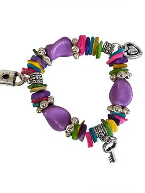 Purple Multicolor Beaded Stretch Bracelet Heart Lock and Key Charms Fun Jewelry